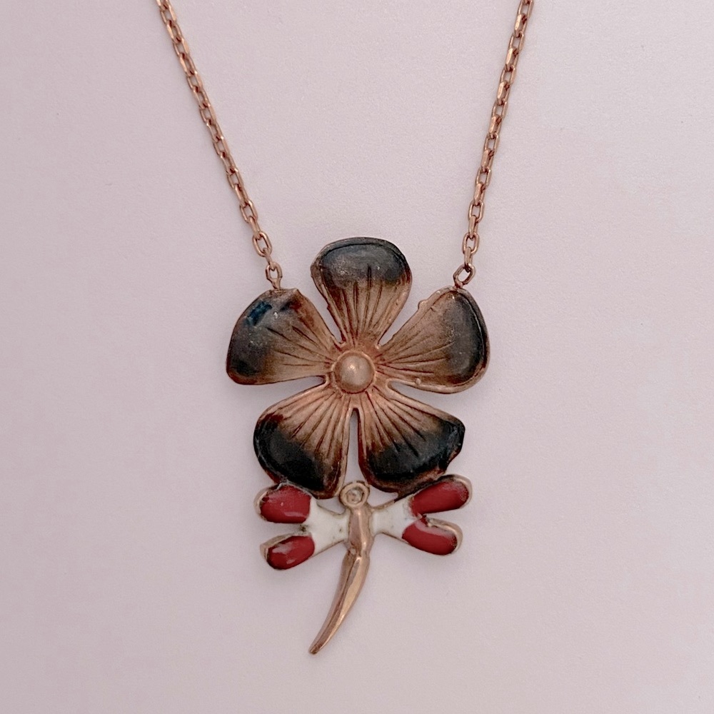 Flower dragonfly 925 silver necklace 14k rose gold plating handmade enamel - Picture 1 of 3